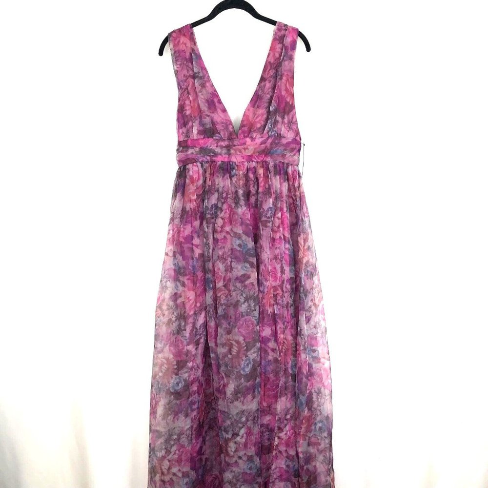 Lulus Garden Romance Magenta Floral Print Organza Maxi Dress Size Medium New